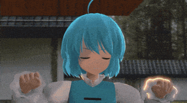 a cartoon character with blue hair is smiling and holding her arms outstretched
