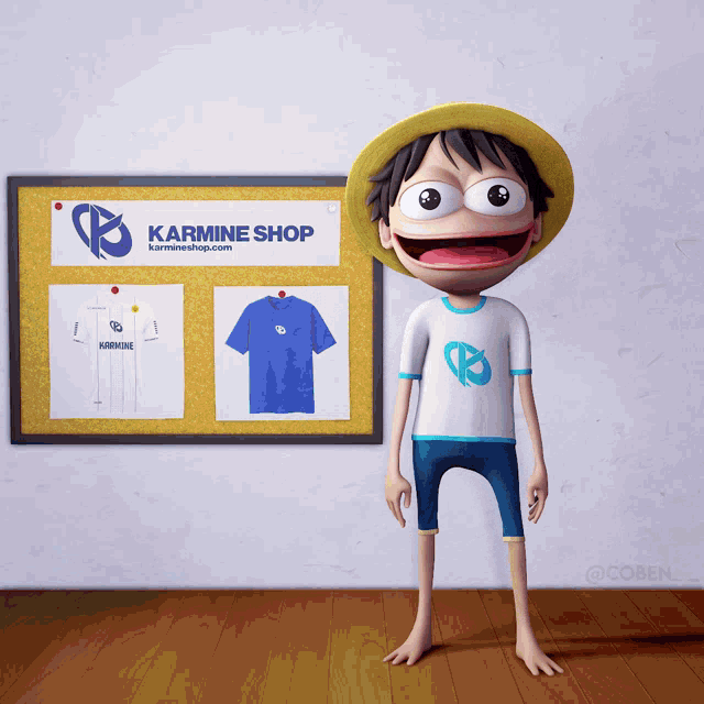 a cartoon character is standing in front of a bulletin board that says karmine shop on it