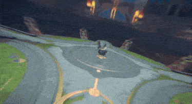 a person is riding a scooter around a circle with a sign that says ' a ' on it