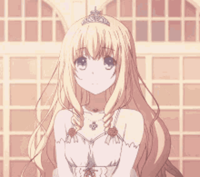 a girl with long blonde hair and a tiara on her head is wearing a white dress and necklace .
