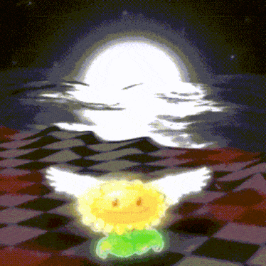 a pixel art drawing of a sunflower with wings and a full moon in the background