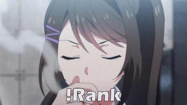 a girl is smoking a cigarette and the word rank is above her head