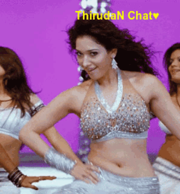 a woman is dancing in front of a purple background with the words thiruda n chat