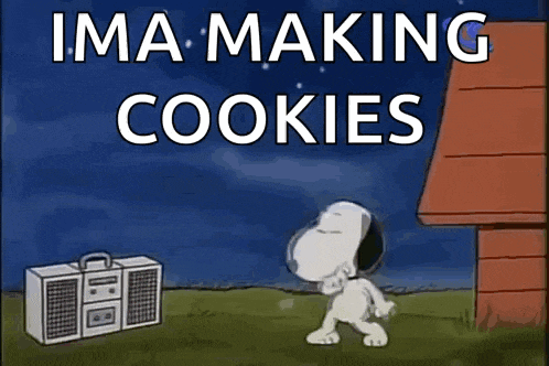 a cartoon of snoopy dancing in front of a radio that says ima making cookies .