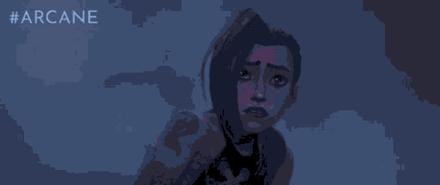 a woman with blue hair and tattoos is standing in the rain in a video game .