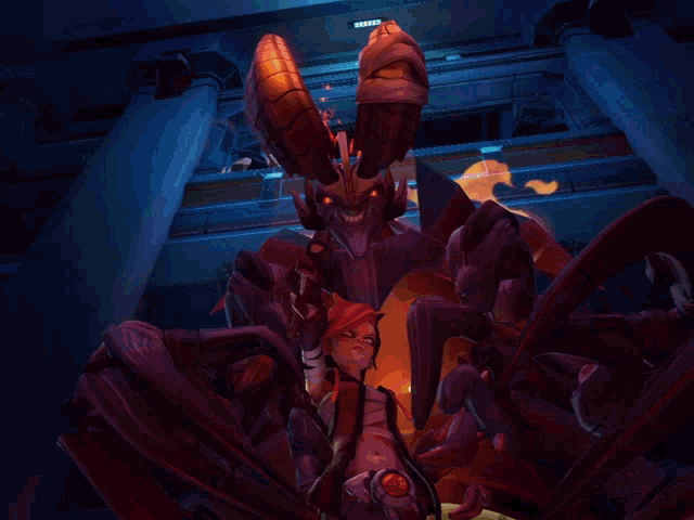 a video game character is being attacked by a giant monster