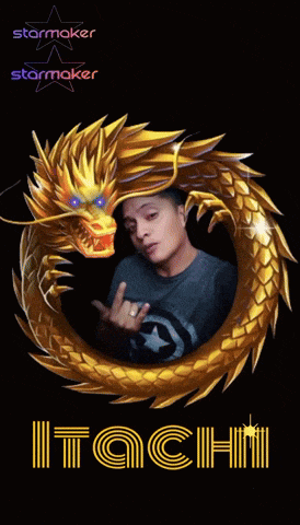 a picture of a man surrounded by a golden dragon with the name itachini below it