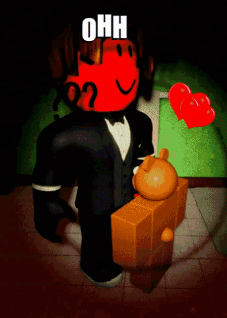 a green roblox character in a tuxedo is holding a blue teddy bear and says ohh