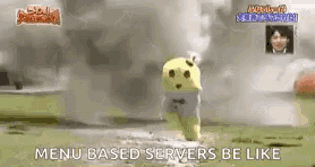 a yellow stuffed animal is running through a field .