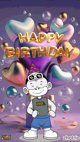 a cartoon character is wearing a party hat and sunglasses and says happy birthday