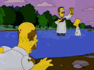 a cartoon of homer simpson and bart simpson being baptised