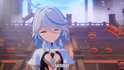 a girl with blue hair is standing in a room with the word sofmar above her