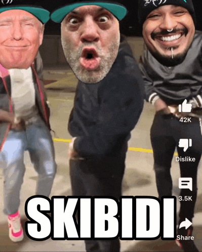 a group of men are dancing with the words skibidi on the bottom right