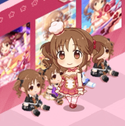 a girl in a pink dress is standing next to a group of dolls