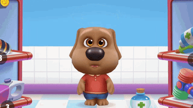 a cartoon dog in a red shirt and shorts is standing in front of a bottle with a green cross on it in a store