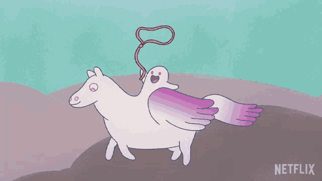 a cartoon of a person riding on the back of a pegasus with a netflix logo below it