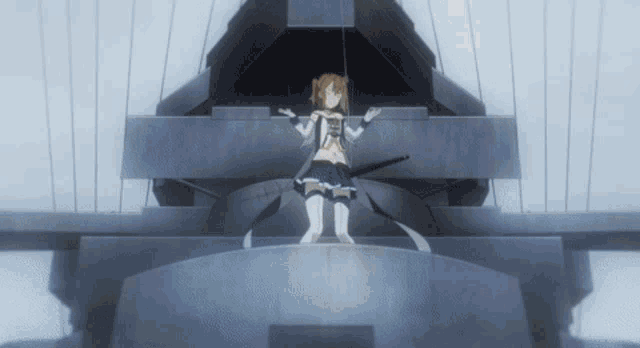 a girl with a sword in her hand stands on a bridge