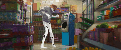 a man is dancing in a grocery store next to an atm