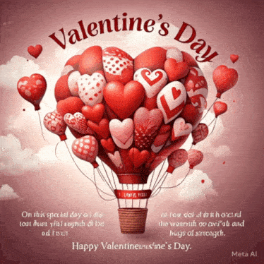 a valentine 's day greeting card with a hot air balloon filled with hearts