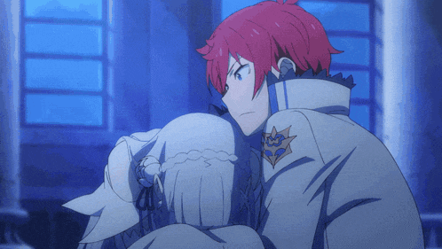 a man with red hair is hugging a woman