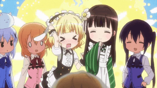 a group of anime girls standing next to each other with one girl holding a knife in her hand