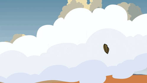 a cartoon character is flying through a cloud and pointing at something