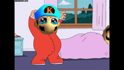a cartoon character wearing a blue hat with a letter k on it