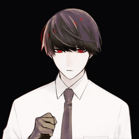 a man in a white shirt and black tie with red eyes