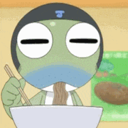 a cartoon character is eating noodles with chopsticks from a bowl