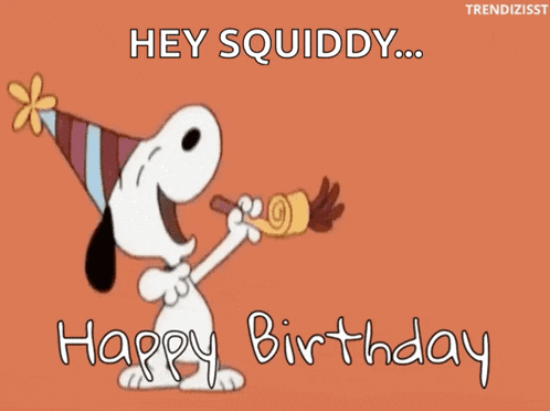 a cartoon of snoopy blowing a party horn with the words " hey squiddy happy birthday "