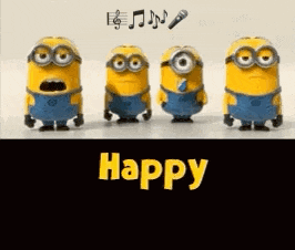 a group of minions are standing next to each other with the words `` happy '' written on the bottom .