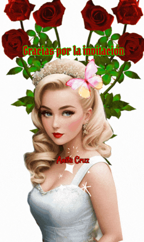 a woman with a butterfly in her hair is surrounded by red roses and the words " gracias por la invitacion "