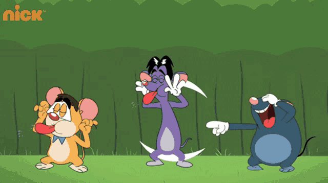 three cartoon characters are on a green background with a nick logo in the corner