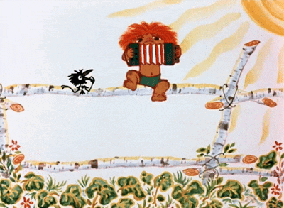 a cartoon drawing of a man playing an accordion and a bird
