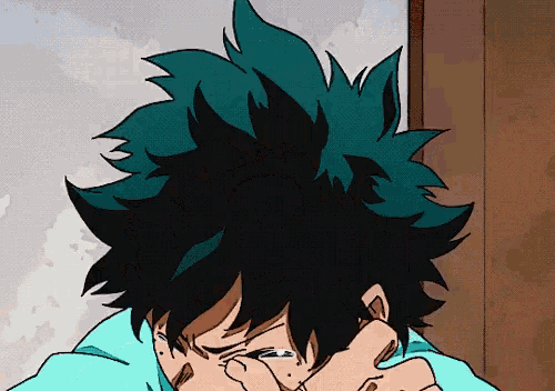 a cartoon character with green hair is crying and covering his face with his hand