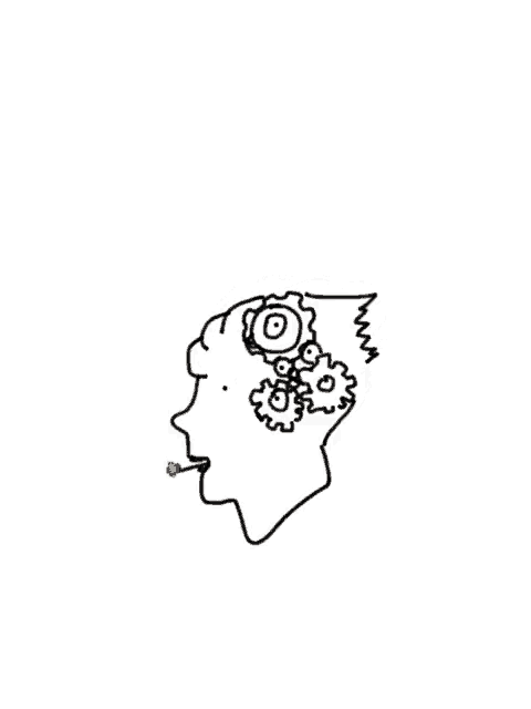 a black and white drawing of a man smoking a cigarette with gears in his head .