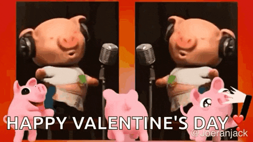 a happy valentine 's day greeting card with two pigs