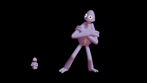a purple cartoon character is standing next to a smaller character