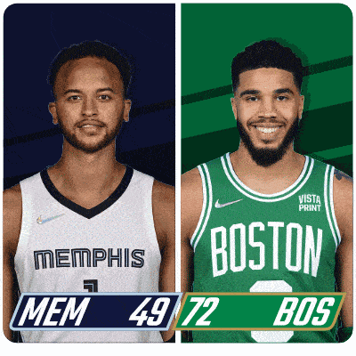 two basketball players from memphis and boston are shown