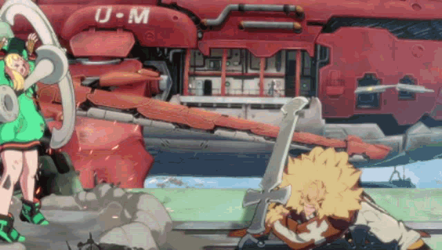 a cartoon character is holding a sword in front of a red ship that says u-m on it