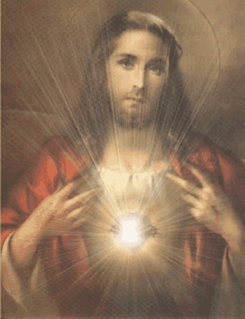 a painting of jesus with a glowing light coming out of his chest