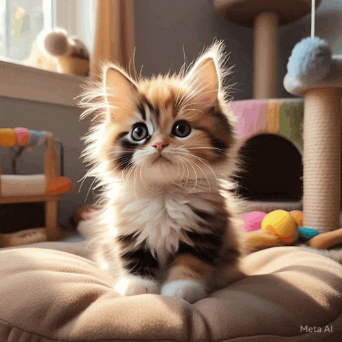 a kitten is sitting on a pillow with meta al written on the bottom right