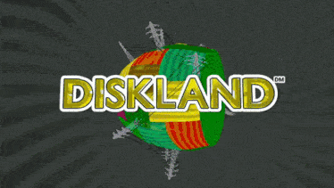 the word diskland that is on a green and yellow background