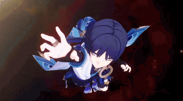 a cartoon character with blue hair is reaching out towards the camera