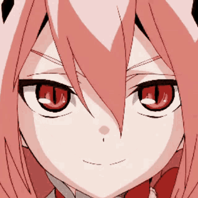 a close up of a girl with red eyes and pink hair