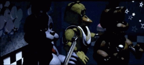 bonnie chica and fredbear from five nights at freddy 's are standing next to each other in a dark room