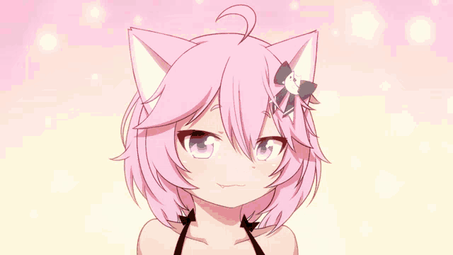 a girl with pink hair has a cat ear and a bow on her head