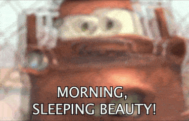 a cartoon character with the words morning sleeping beauty on the bottom