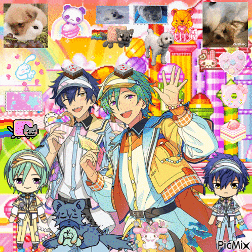 a group of anime characters are standing next to each other in front of a colorful background