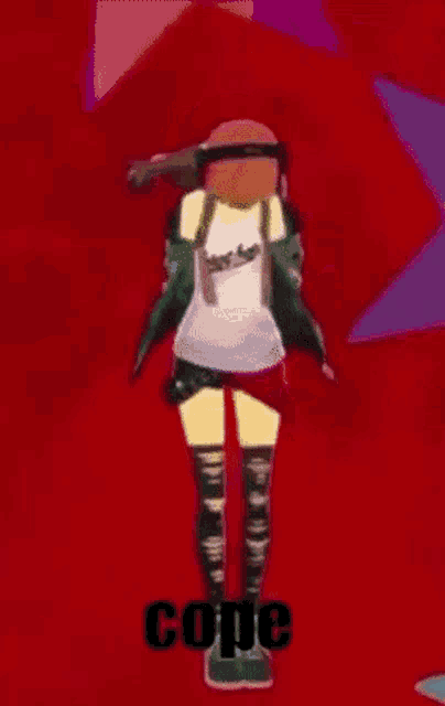a girl is standing on a red background with her arms outstretched and the word cope on the bottom .